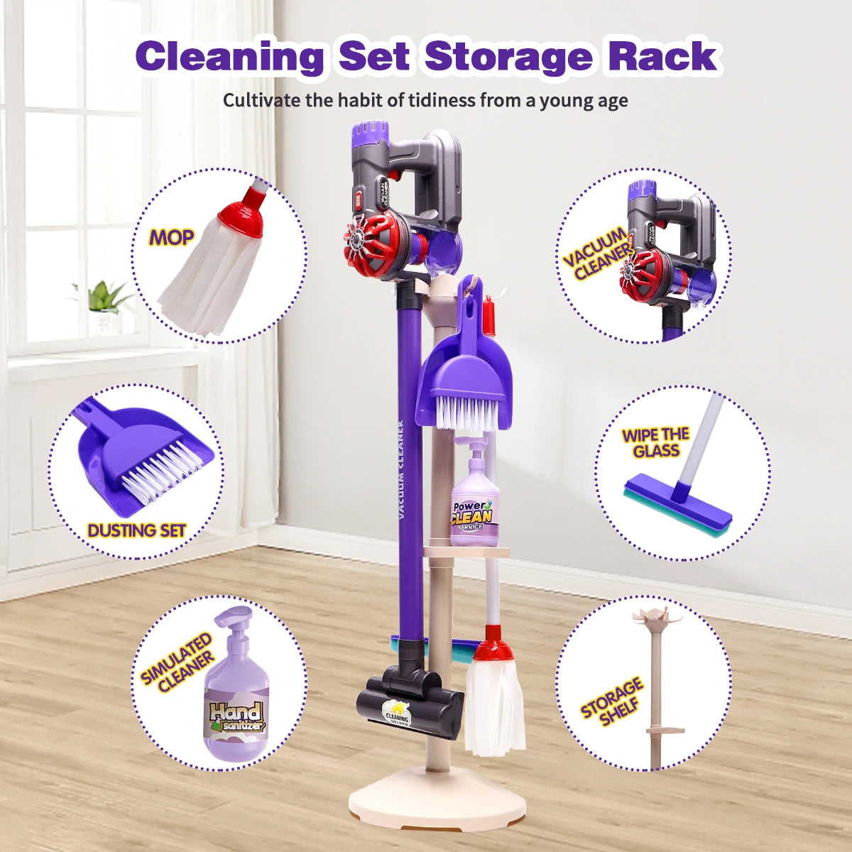 Kids Real Suction Cleaning Play Set with Storage Rack - 3-in-1 Electric Vacuum Cleaner & Pretend Cleaning Tools for Toddlers