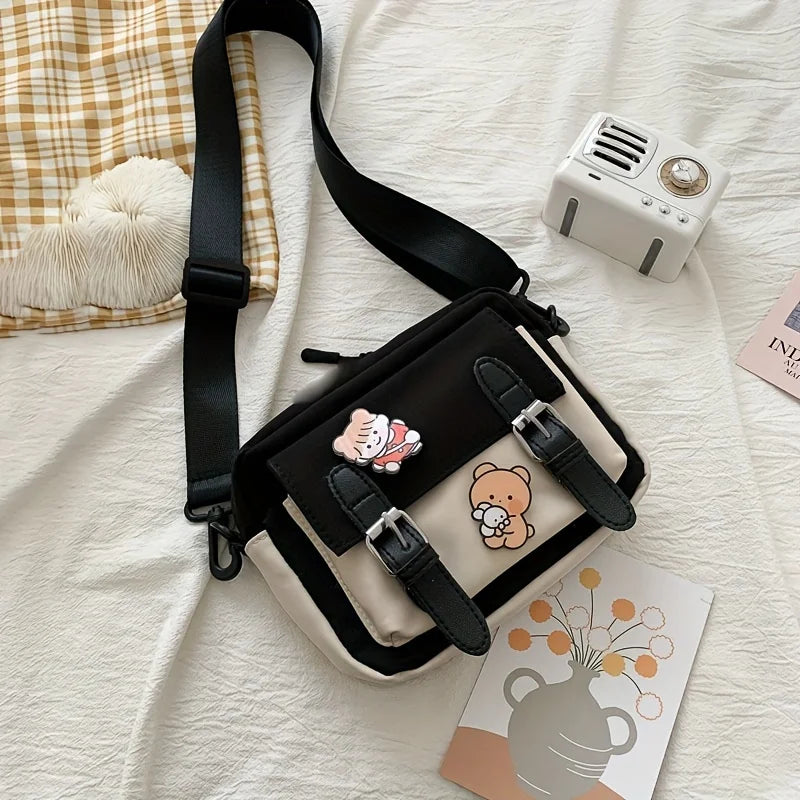 Girl's Fashion Nylon Shoulder Bag with Badge, Harajuku Shoulder Bag, Casual Square Cute Messenger Bag For Women Travel Going Out