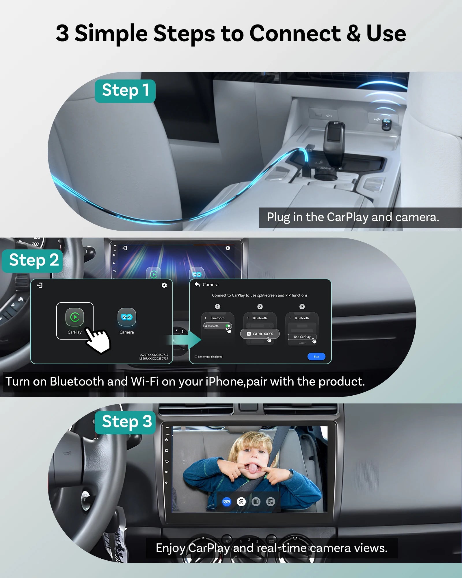 OTTOCAST Cabin Care Wired to Wireless Carplay Adapter Baby Car Camera HD 1080P 150° Wide Angle Night Vision Back‑Seat Monitor