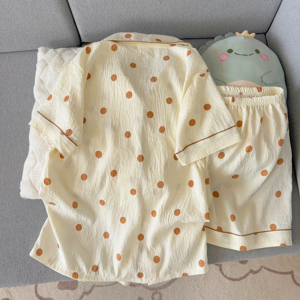Women's Summer Pajamas, Thin Polka Dot Pattern Short-Sleeved Shorts, Sweet and Cute, Can Be Worn Outside in Summer, Two-Piece Home Wear Set