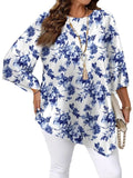New Round Neck Plant Floral Seven Quarter Sleeved Top Loose and Elegant Plus Size Temperament Short Sleeved T-shirt  Commute