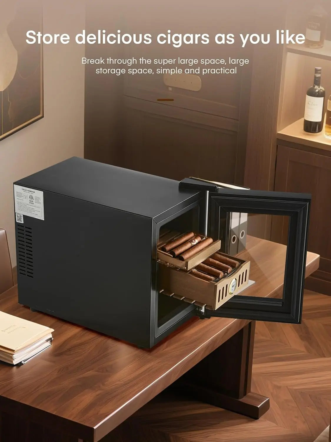 18L Cigar Humidor Cooler, 140-Capacity Electric Cigar Cabinet with Spanish Cedar Shelves, Temperature Control (61-71°F), 360° Air Circulation & Built-in Hygrometer, Triple Glass Door – Black