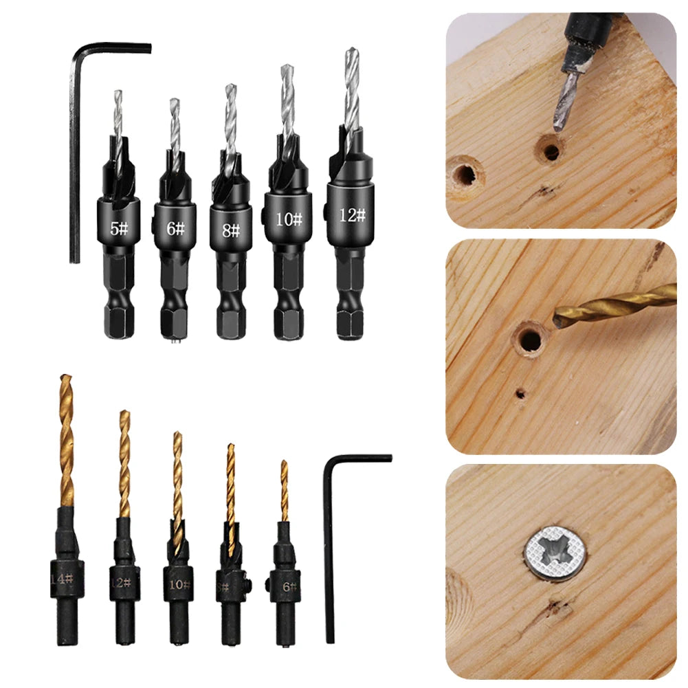 5Pcs/Set Countersink Drill Bit Set  Woodworking Drilling Tool Drill Bit  For Pilot Holes For Screw Sizes 5-14#