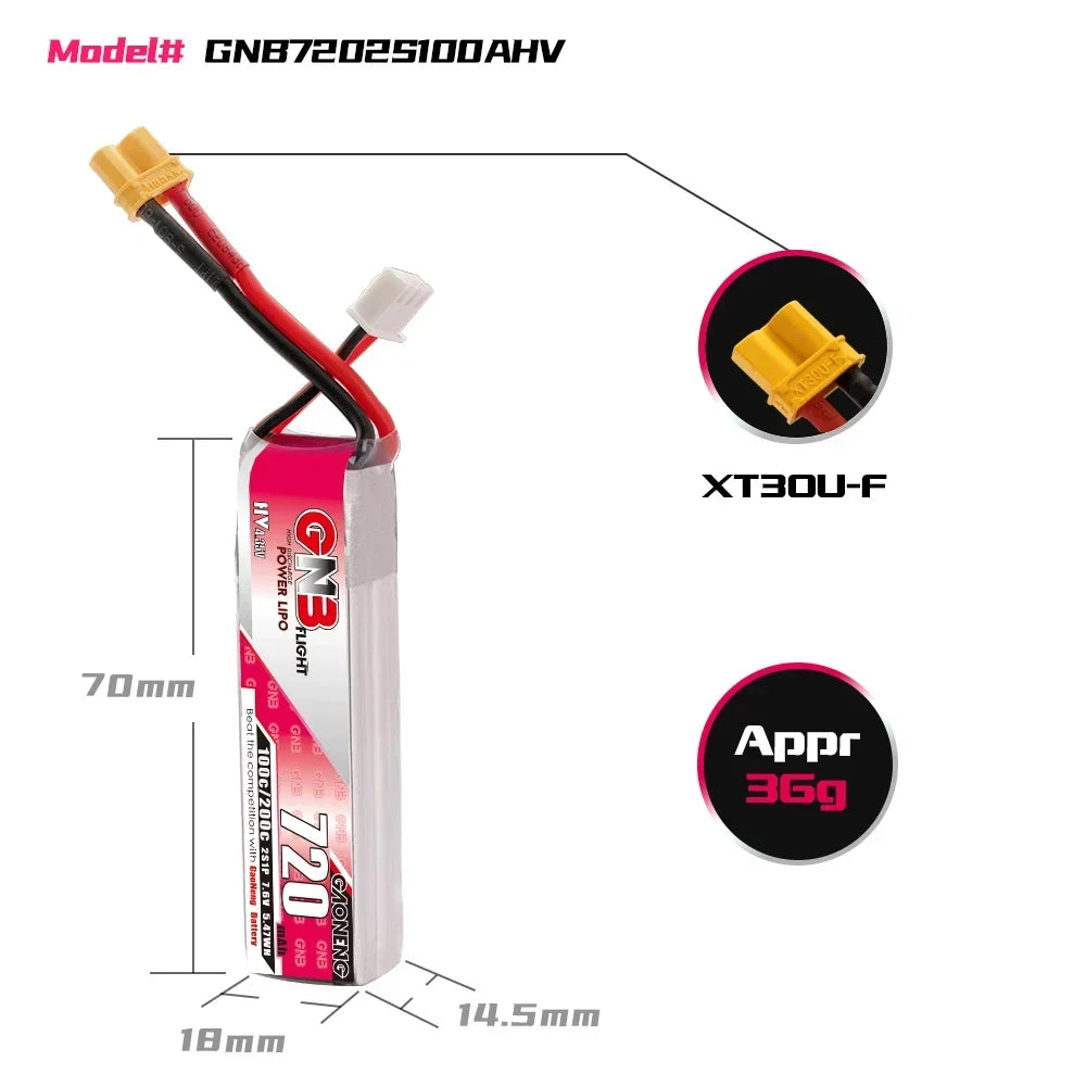 GAONENG GNB Lipo Battery 720mAh 7.6V 2S 100C 200C XT30U-F Connector For RC FPV Whoop Frame Kit Tinywhoop Racing Drone
