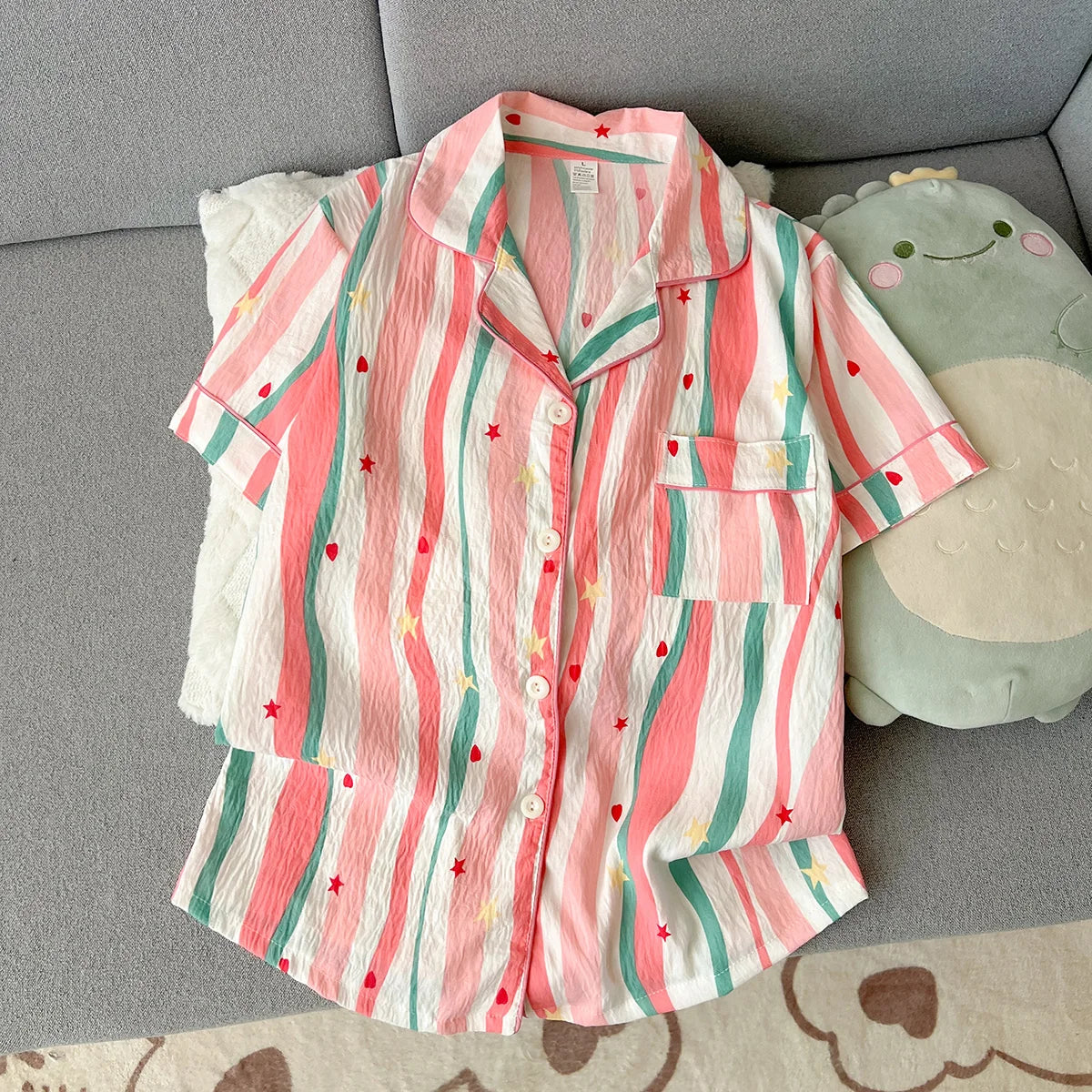Women's Summer Pajamas, Thin Striped Pattern Short-Sleeved Shorts, Sweet and Cute, Can Be Worn Outside in Summer, Two-Piece Home Wear Set