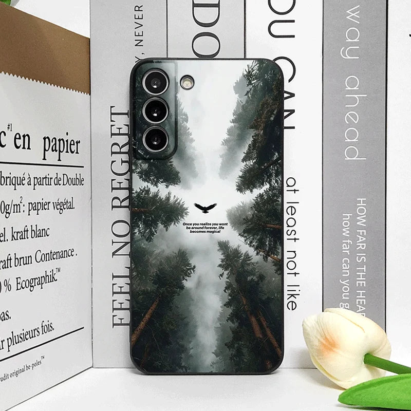Vintage Forest Landscape Snow Mountain Scenery Phone Case for Samsung Galaxy S25 S24+ S23 Ultra S22Plus S20 S21 FE M53 M34 Cover