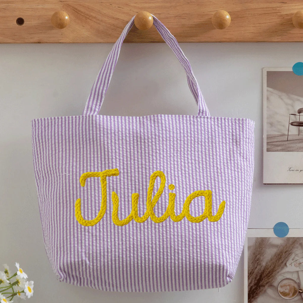Custom Seersucker Cosmetic Handbag and Travel Organizer — Personalized Chenille Letter Toiletry Bag and Summer Beach Tote
