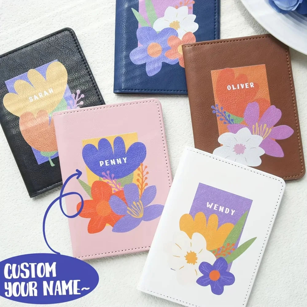 Personalized Floral Print Vegan Leather Passport Cover With Customized Name, Textured Flower Pattern Passport Holder