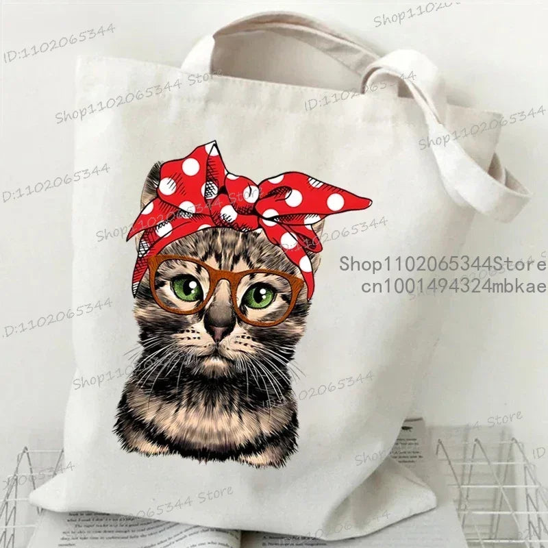 Funny Cow Cat Handbag Women Cartoon Aesthetics Kitten Design Shopping Bags Teen Cat Lover Reusable Tote Bag Female Shoulder Bag