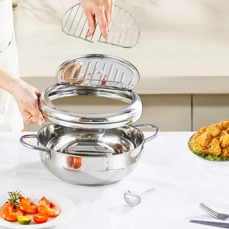 Deep Frying Pot with Thermometer&Lid for Kitchen Stainless Steel Pans Japanese Tempura Fryer Pan Fried Chicken Pot Cooking Tool