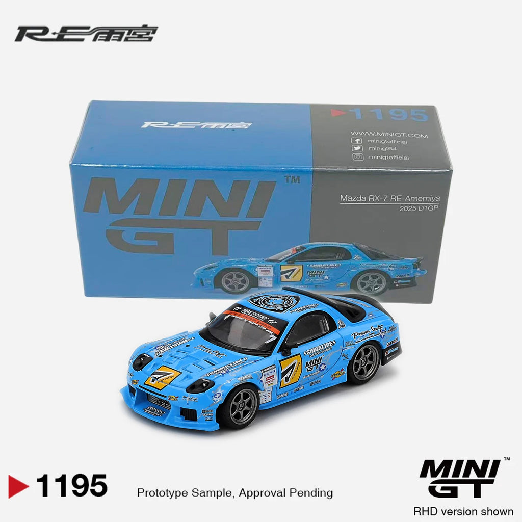 MiniGT 1:64 Mazda RX-7 RE-Amemiya 2025 D1GP Drift Diecast Car MGT01195 Light Blue Full Sponsor Livery RHD Drift Model in Stock