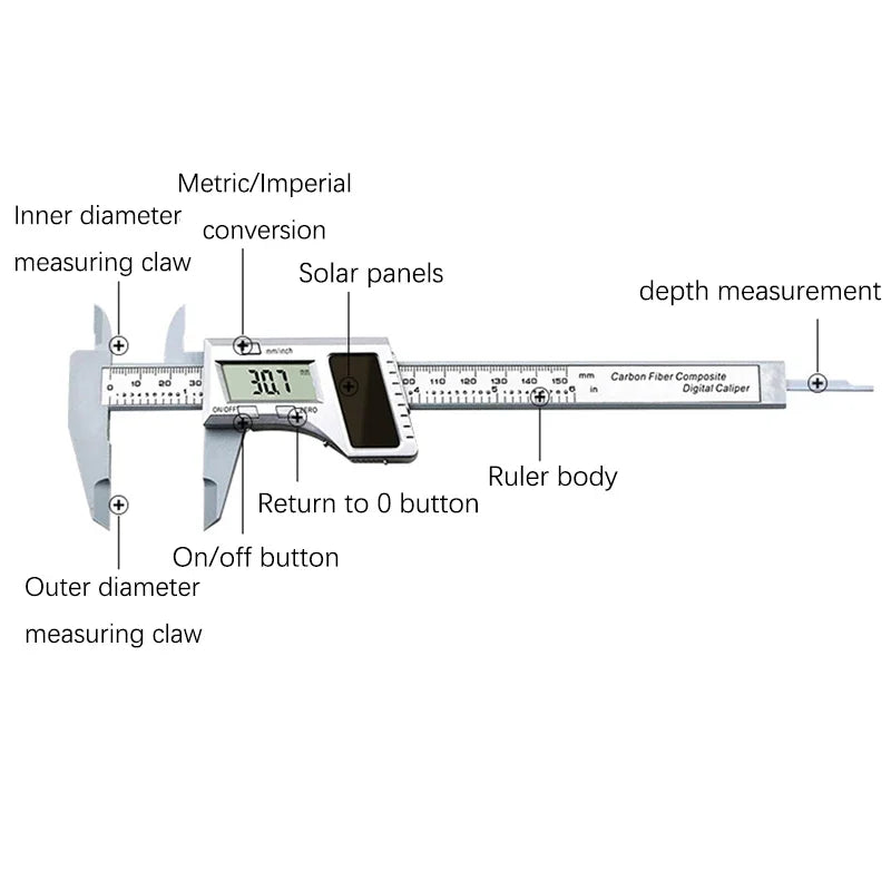0-150mm LCD Digital Caliper Plastic Solar Vernier Caliper 6-Inch Electronic Depth Measuring Instrument Micrometer Ruler Gauge