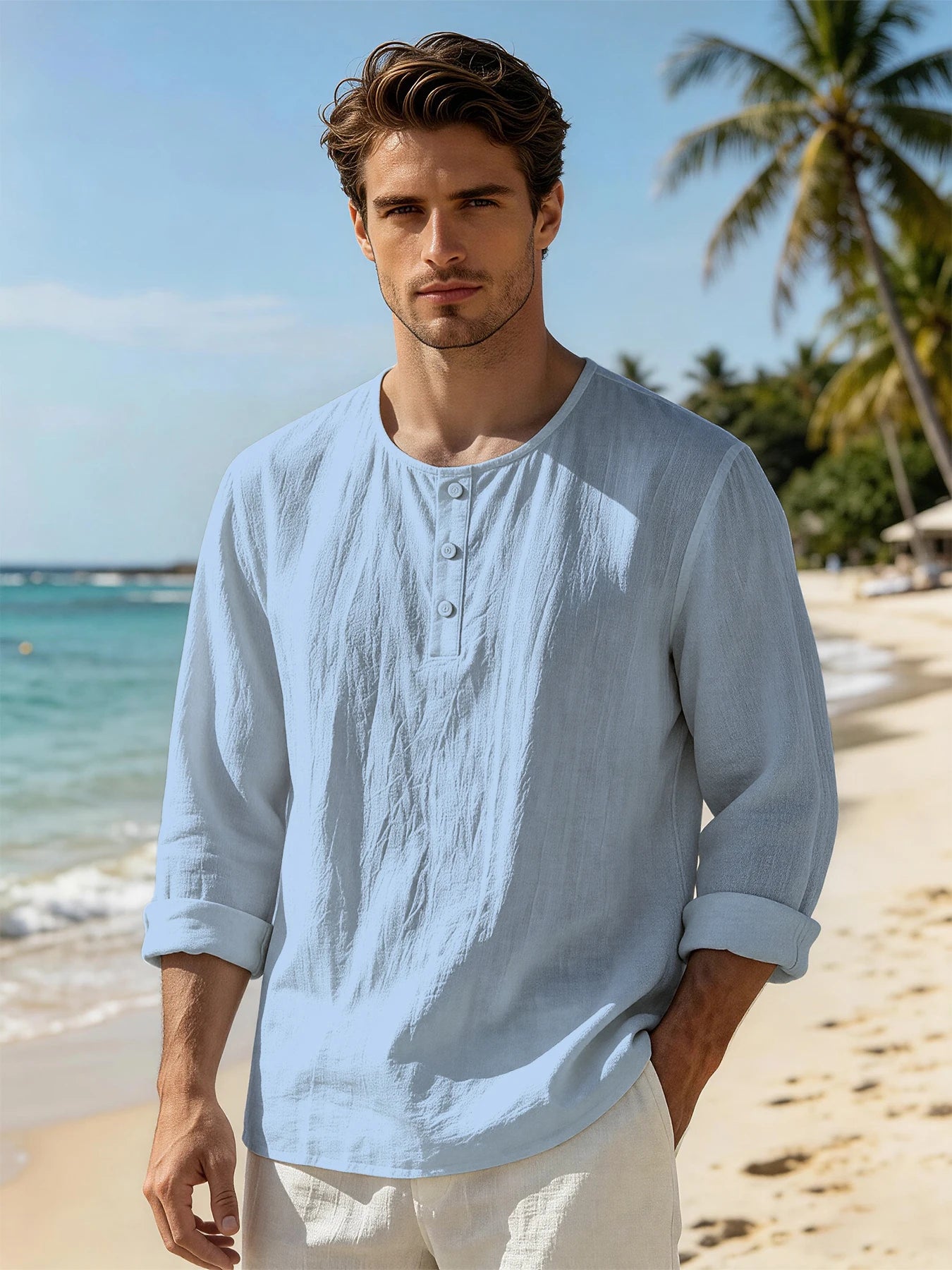 Vintage Men Linen Crinkle Henley Long Sleeve Tops, 3 Button Crew Neck Lightweight Breathable Shirts, Casual Holiday Blouses For
