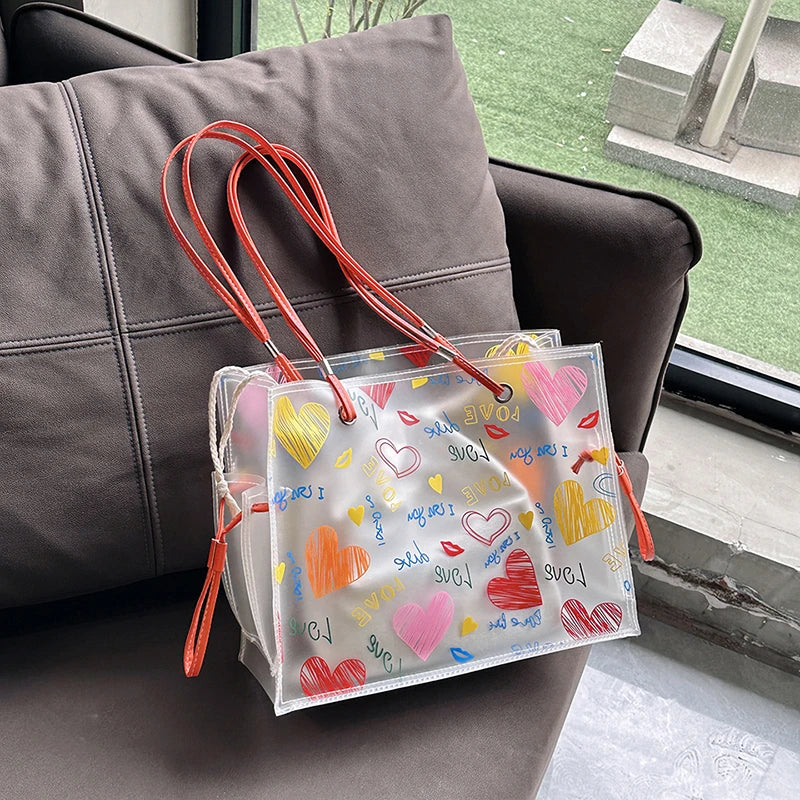 2-IN-1 Shoulder Bag Sets For Women 2023 Summer Beach Tote Bag PVC Transparent Jelly Handbags Female Large Capacity Shopper Totes
