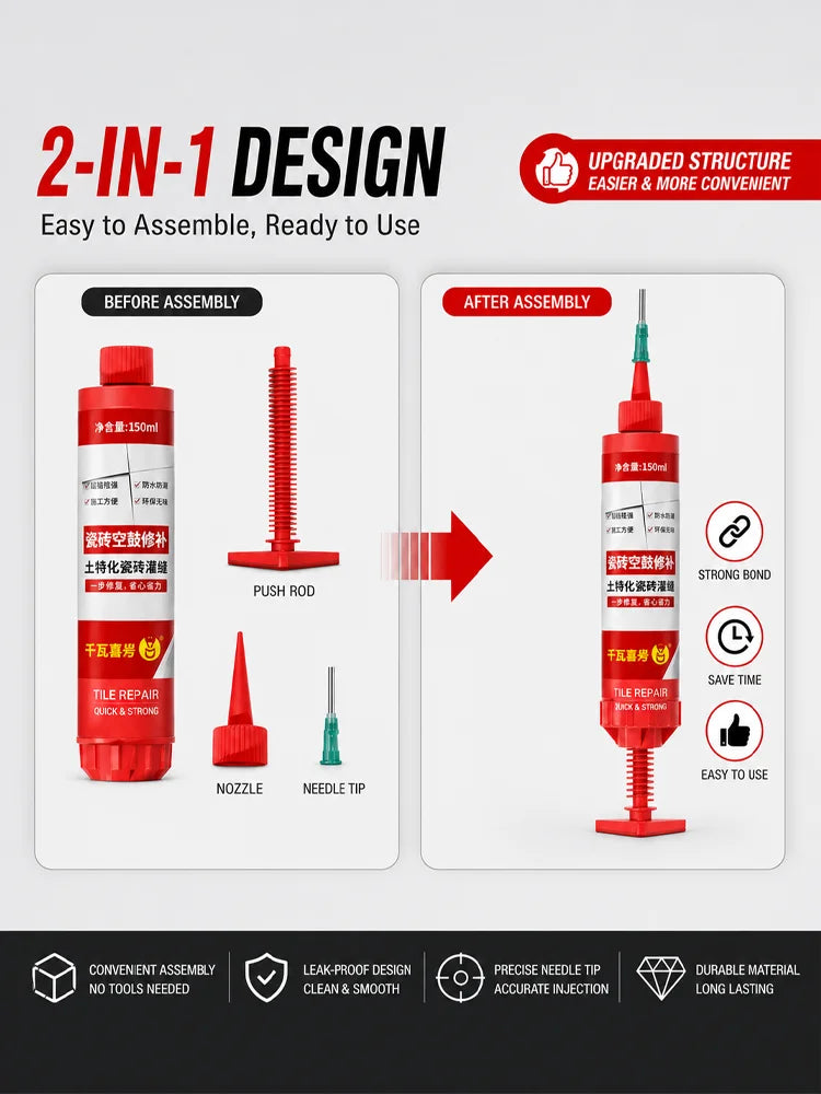 Tile Repair Injection Adhesive for Loose & Hollow Tiles, No Drill Tile Repair Glue, Fast Fix for Ceramic Floor Tiles