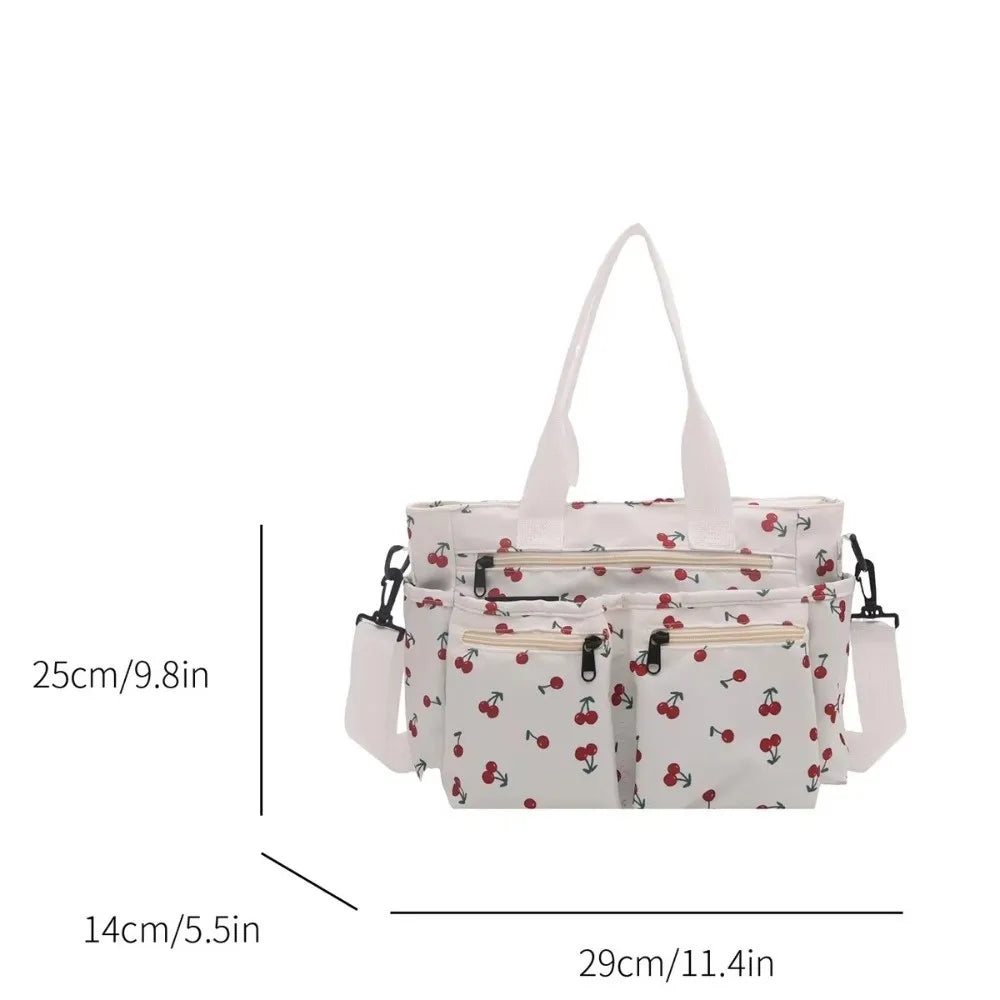 Casual Large Capacity Tote Bag Multi-Pocket Adjustable Strap Crossbody Bag Cherry Print Waterproof Shopping Bag