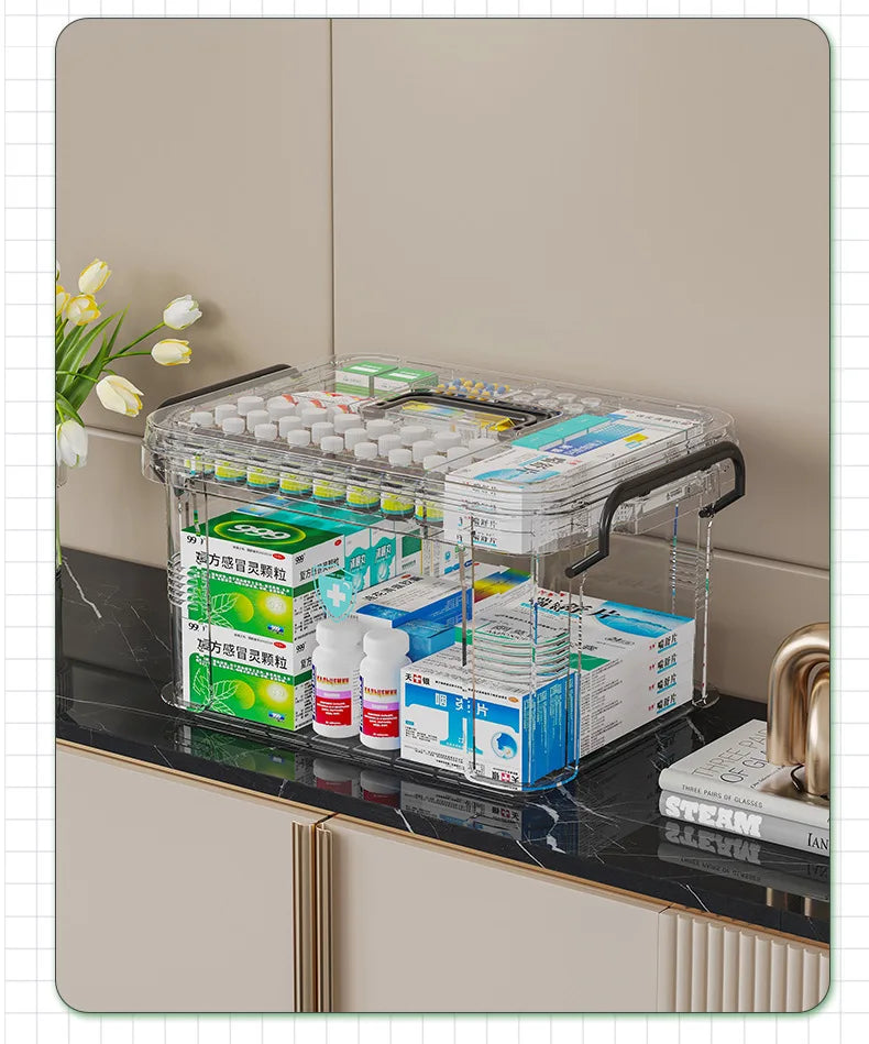 Transparent Double-Layer Medical Box Portable First Aid Medicine Box Home Handheld Large Capacity Child Medication Organizer
