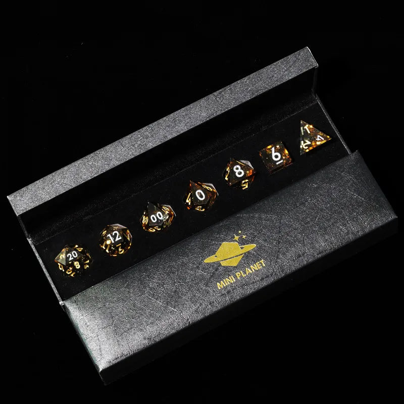 MINI PLANET Gold Sand Liquid Core Dice D&D Set Handmade Polyhedral Resin Dice With Sharp Edge For TRPG DND D6 D20 Dice Games