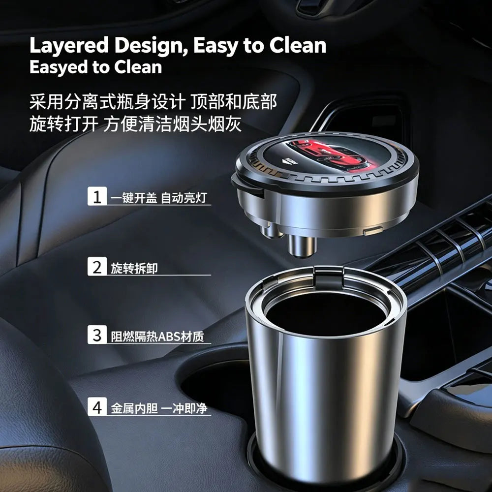 Car accessories - Car ashtray with lid, multi-functional, LED lighting, vehicle portable, one-key opening, personalized