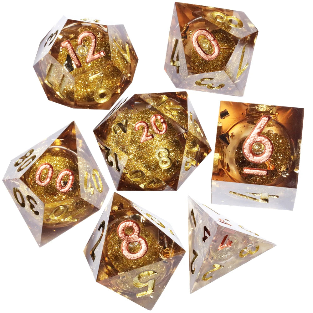 MINI PLANET Gold Sand Liquid Core Dice D&D Set Handmade Polyhedral Resin Dice With Sharp Edge For TRPG DND D6 D20 Dice Games
