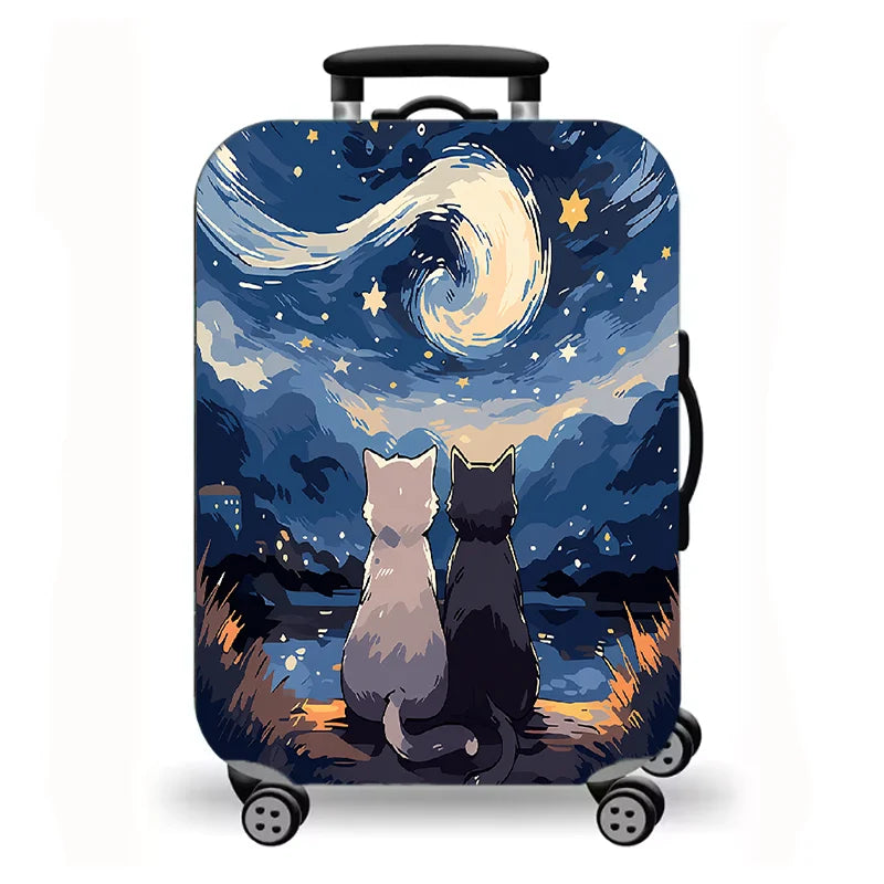 Luggage Cover, Starry Night Cat Cartoon Fantasy Print Stretch Suitcase Protector, Washable Anti-Scratch Travel Baggage Cover
