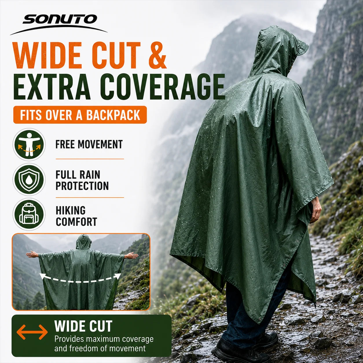 Sonuto Multifunctional Waterproof Camping Mat Rain Poncho Hooded Tarp Tent Ground Footprint Pack Cover Hiking Outdoor Shelter