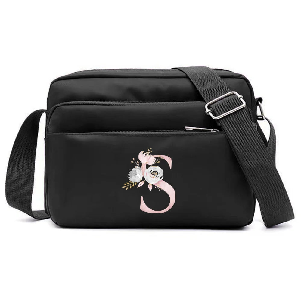 New Simple Black Storage Bag Multi-layer Travel Leisure One Shoulder Crossbody Bag Pink Flower Letter Series Printing Pattern