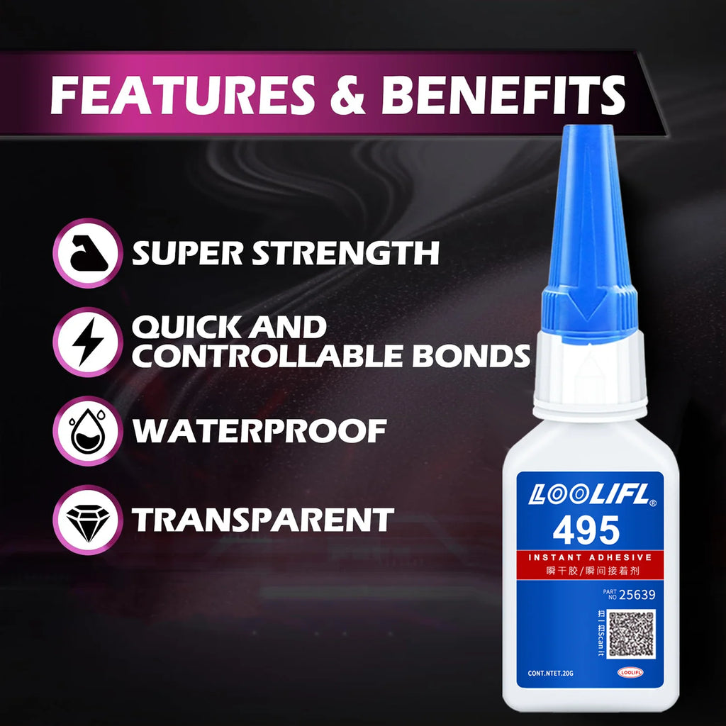LOOLIFL 495 Super Glue Cyanoacrylate Instant Adhesive High Strength for Metal Plastic Rubber Wood Bonding DIY Fast Curing Tool