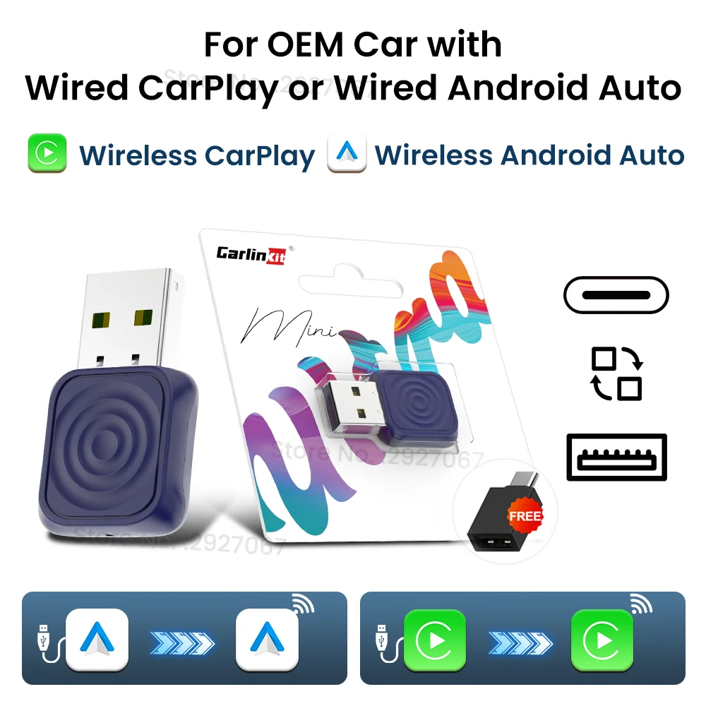 Carlinkit Wireless Carplay Adapter Mini Ultra Android Auto Box USB Plug & Play Seamless Connection for OEM Car Wired to Wireless