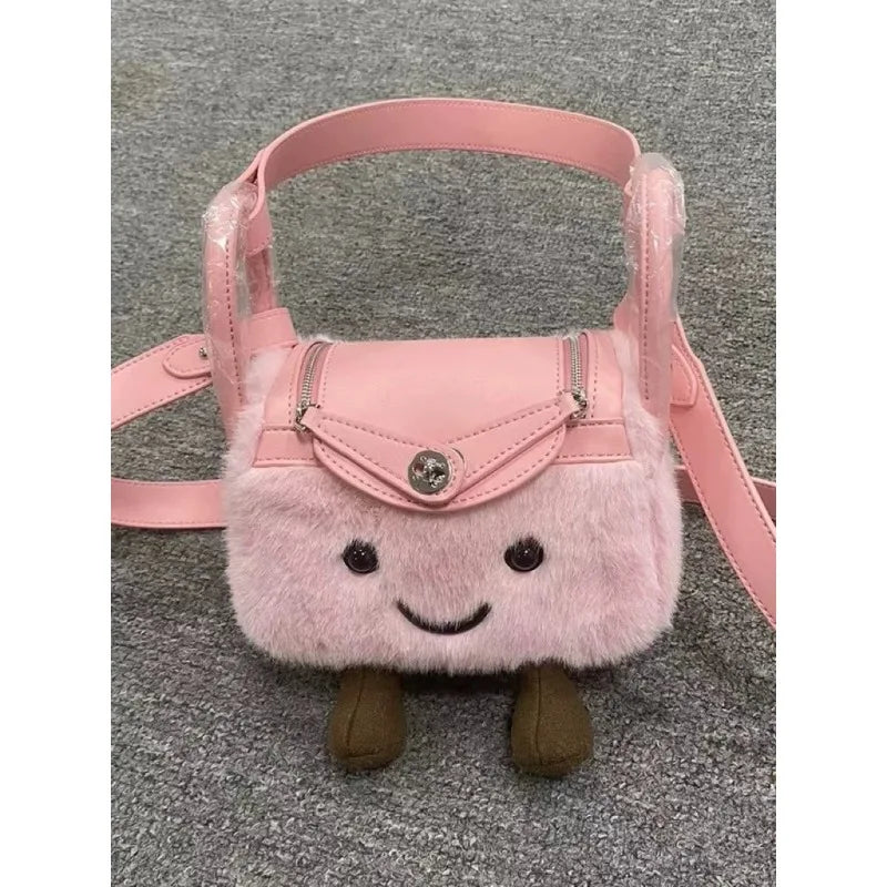 New Autumn/Winter 2025 Cute Cartoon Plush Spliced Pu Leather Pillow Bag Sweet Girl's Versatile Crossbody Bag for Commuting