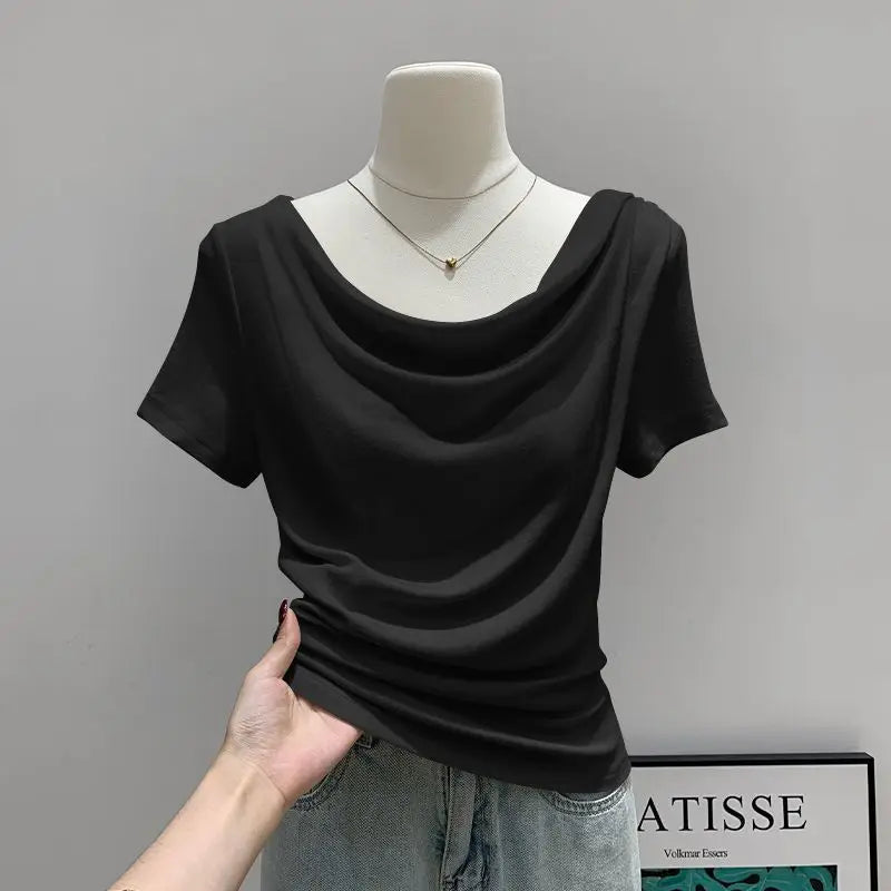 Summer Thin Slash Neck Short Sleeved T-shirt Feminine Temperament Summer Irregular Slim Fit Spicy Top Plus Size Women Clothing