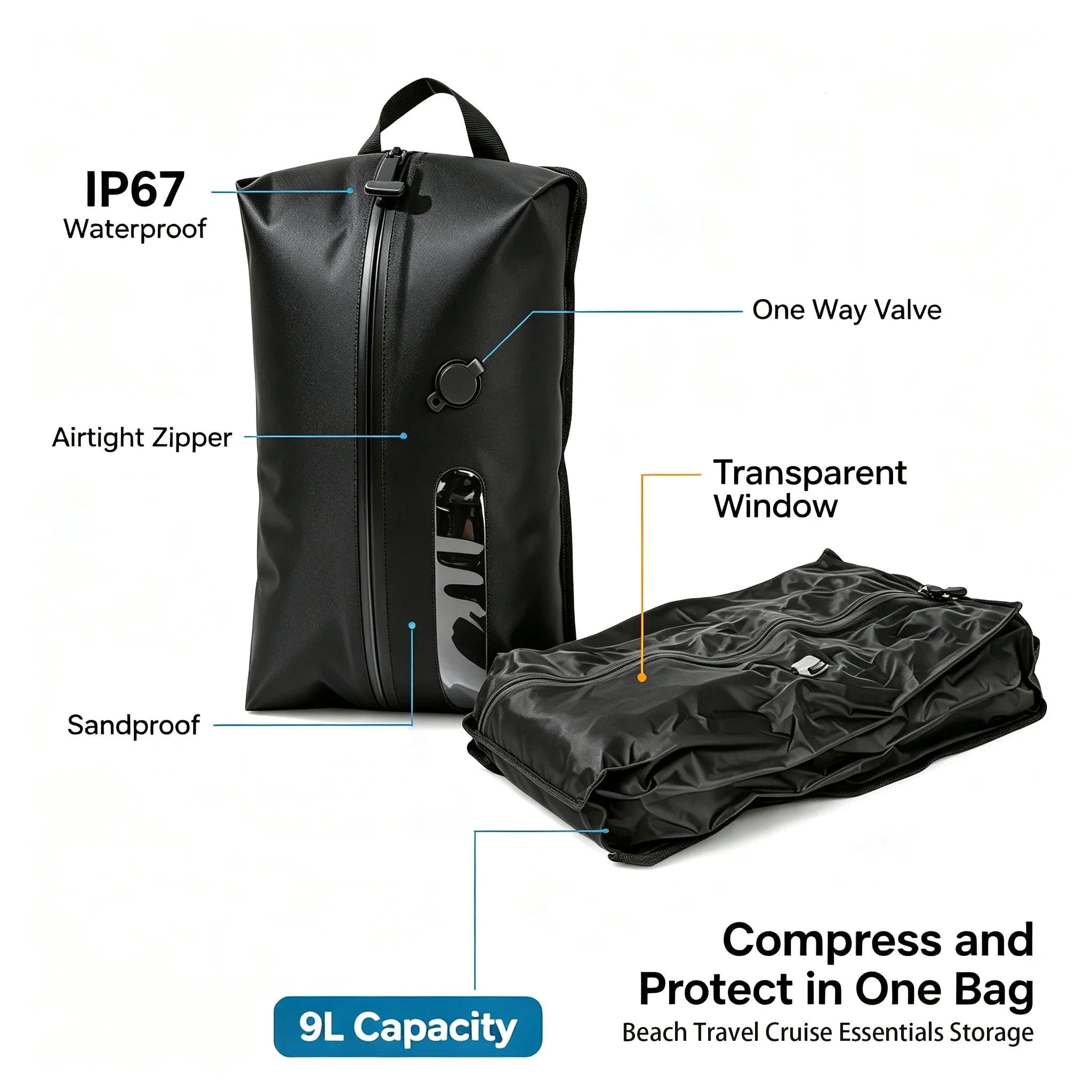 Beach Accessories Vacuum Bag 9L IP67 Waterproof Cruise Ship Essentials for travel, Phone Camera Sandproof packing Holiday bags ﻿