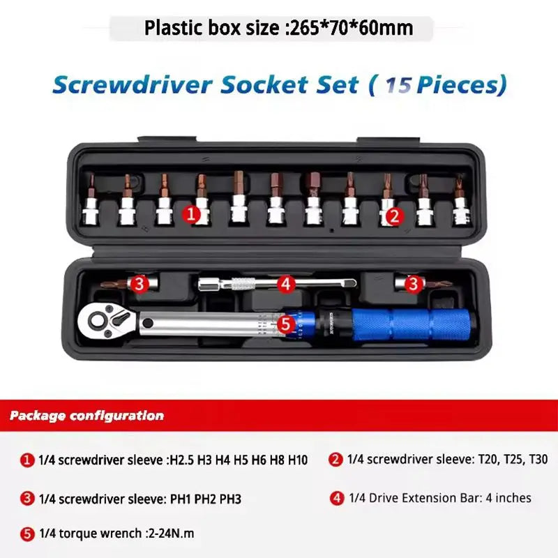 16PCS Bike Torque Wrench Set 1-25Nm Pre-set Precision Ratchet Tool for Road Bicycle Small Flywheel Repair with Case