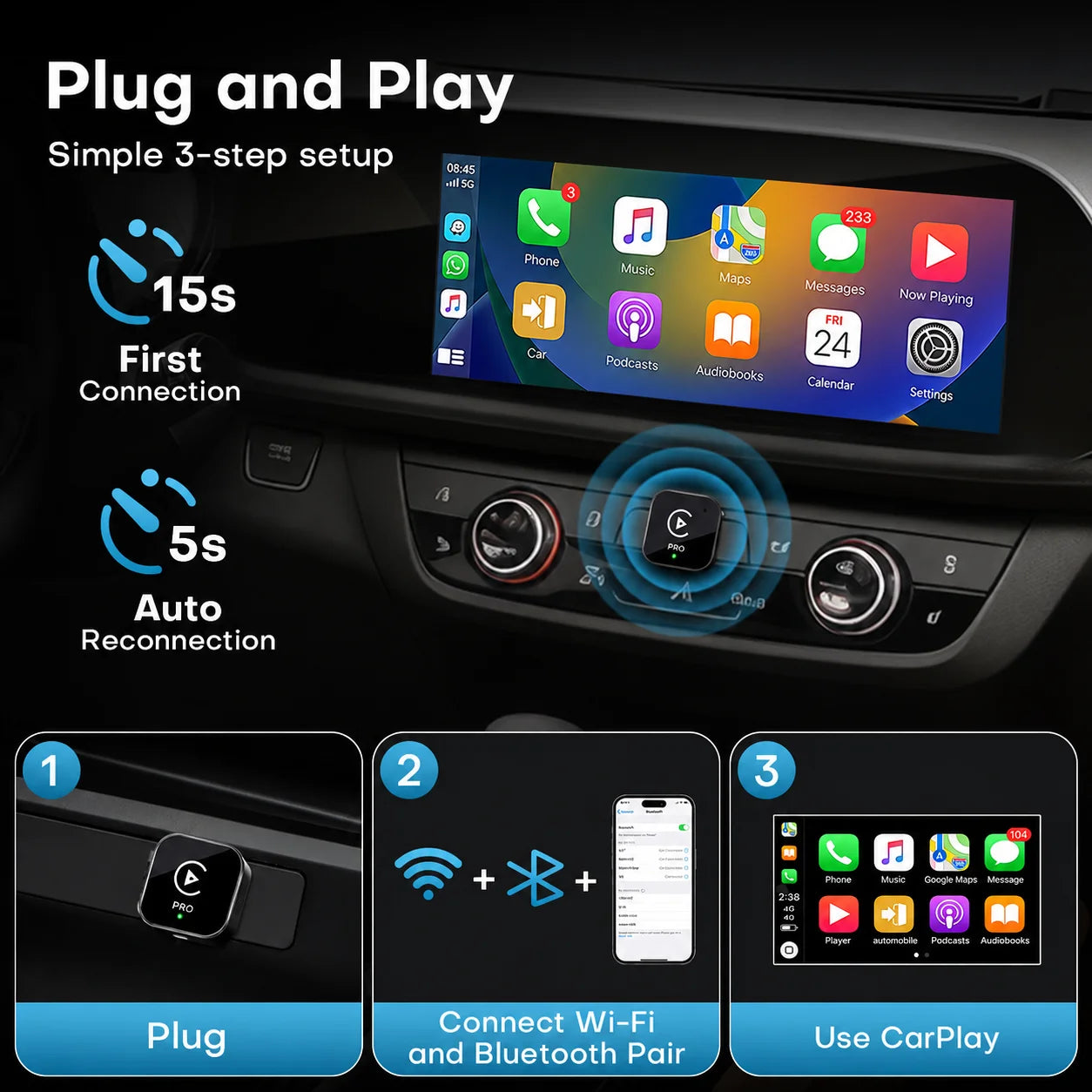 The Mini CarPlay Wireless Adapter and Android Auto Wireless Adapter convert wired CarPlay to wireless CarPlay. They come with GPS tracking capabilities and allow you to view your vehicle's real-time route and location on your