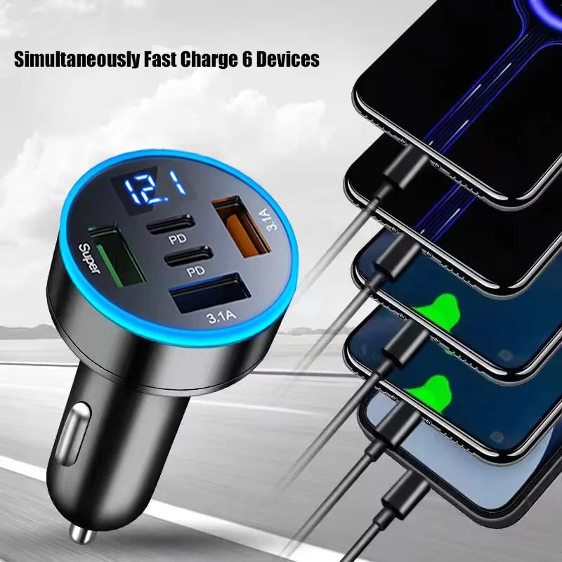 5 in 1 USB Car Phone Charger Adapter with Voltage Display Dual PD Port Super Fast Charge for iPhone Samsung Huawei OPPO