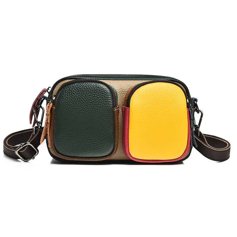 Women's color-blocking, large-capacity single-shoulder bag with top layer cowhide and multi-functional crossbody bag