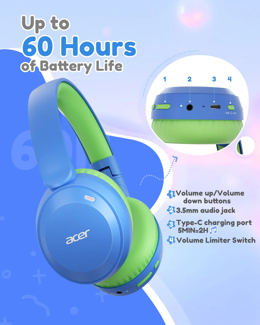 Acer Kids Bluetooth 6.0 Headphones with Built-in Mic 85/94dB Volume Limited Lightweight Over-Ear Wireless Headphones for Kids