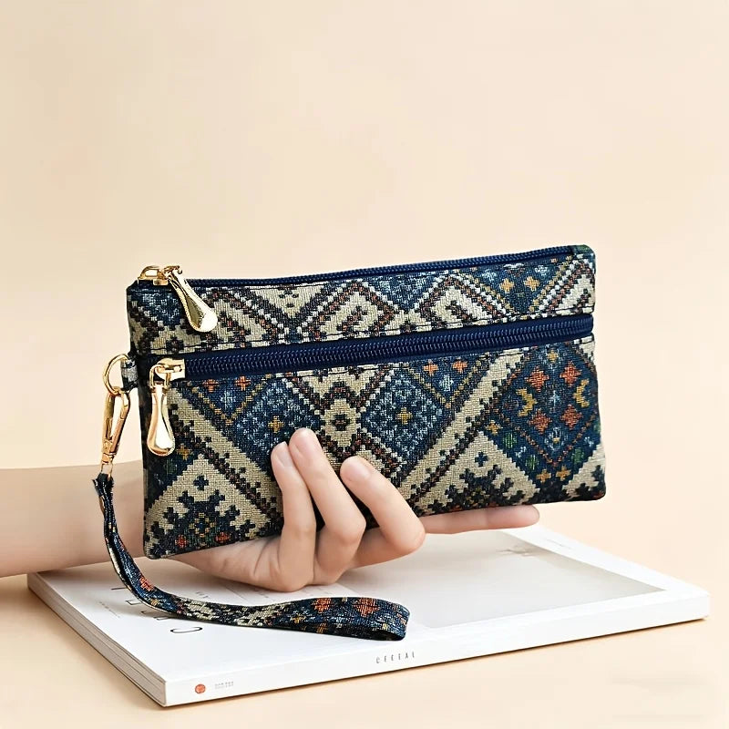 Ethnic Bohemian Chinese Style Womens Long Clutch Wallet Phone Pocket Portable Daily Travel Fashion Storage Hand Purse Accessory