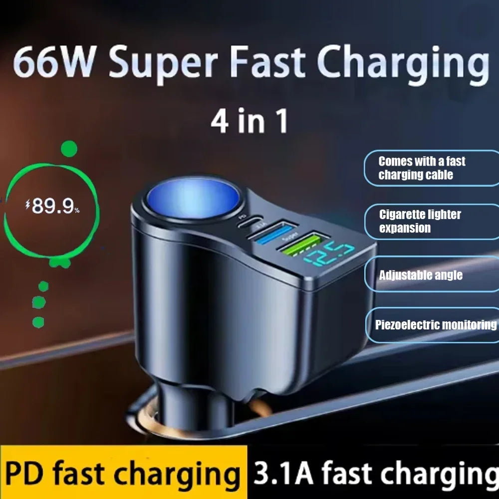 4 in 1 Retractable Car Charger with Voltage Display Cigarette Lighter PD QC 3.0 96W Super Fast Charger for iPhone Huawei Sumsung