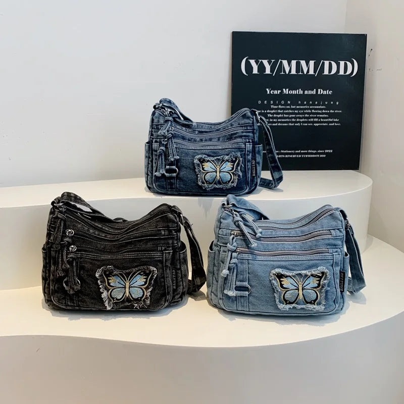Korean Version Denim Crossbody Bag with Cute Butterfly Embroidery – Adjustable Strap, Multi-Pocket Small Sling for Women