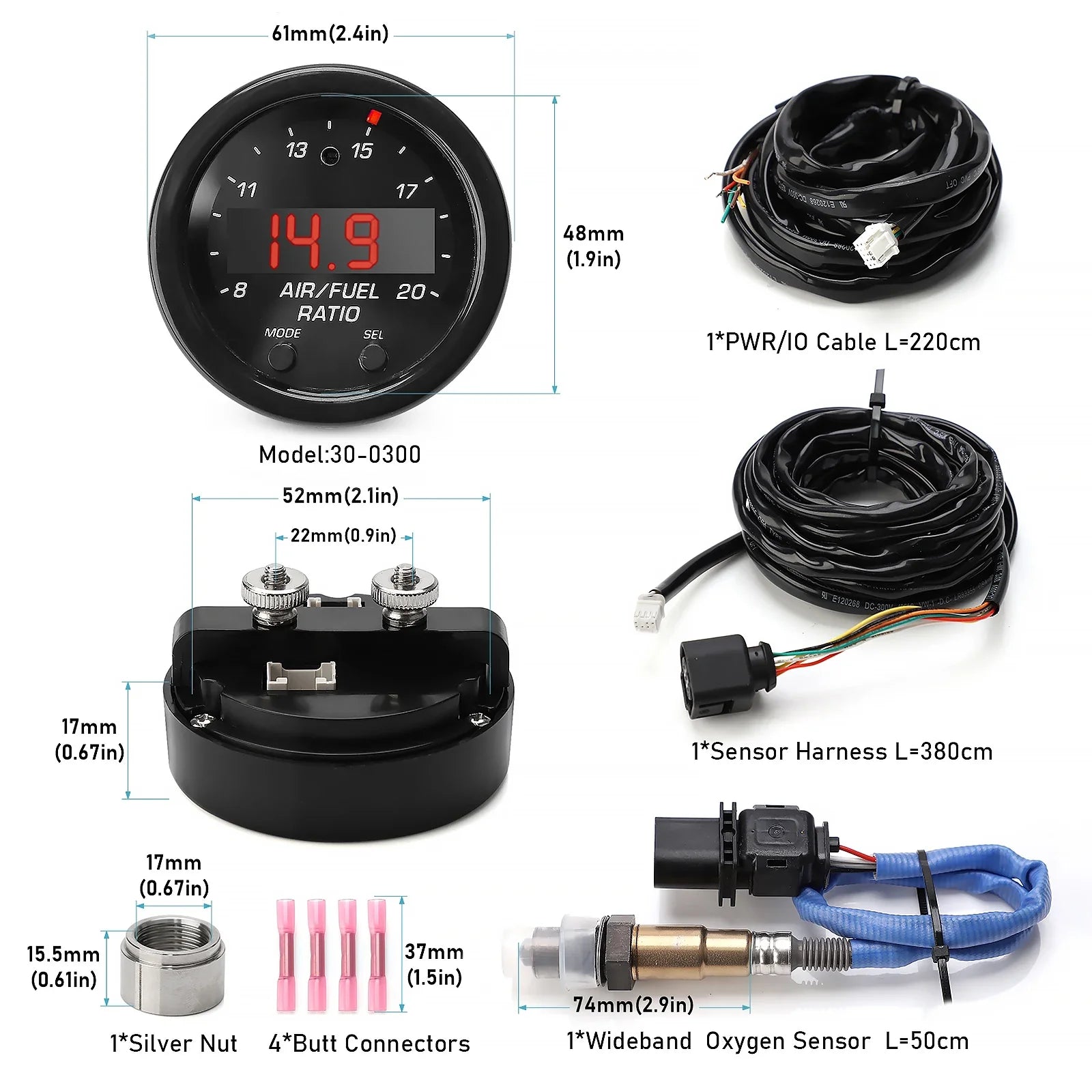 Car O2 Air Fuel Ratio Wide-band Gauge Kit For 30-0300 X-Series AFR Wideband LSU 4.9 Lambda Meter Oxygen Sensor Controller Gauge