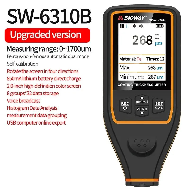 SNDWAY SW-6310A/B Coating Thickness Gauge 1700um Car Paint Film Tester Automotive Micrometer for Ceramic And Metal Coatings
