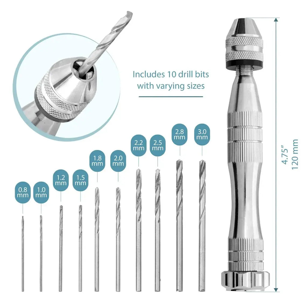 Hand Drill Set - Manual Pin Vise with 10 Mini Drill Bits 0.8 - 3 mm for  Jewelry MakingResin, Hobby Projects Push Hand Drill