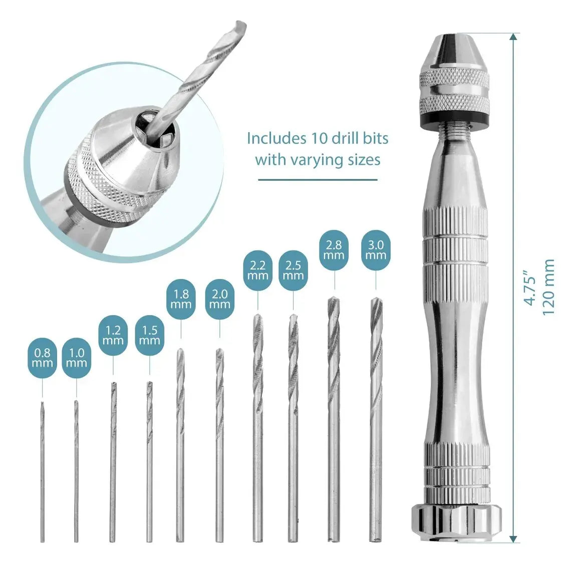 Hand Drill Set - Manual Pin Vise with 10 Mini Drill Bits 0.8 - 3 mm for  Jewelry MakingResin, Hobby Projects Push Hand Drill