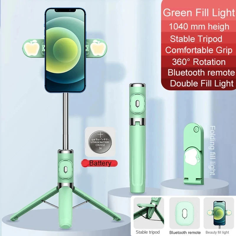 M01S Selfie Stick with Tripod Remote Control Wireless Bluetooth-Compatible Retractable Double Fill Light for IOS Android IRO