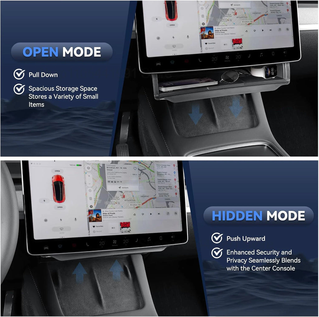Car Central Control Under Screen Storage Box for Tesla Model 3/Y 2019-2025 Hidden Privacy Storage with Anti-Slip Silicone Pad ﻿
