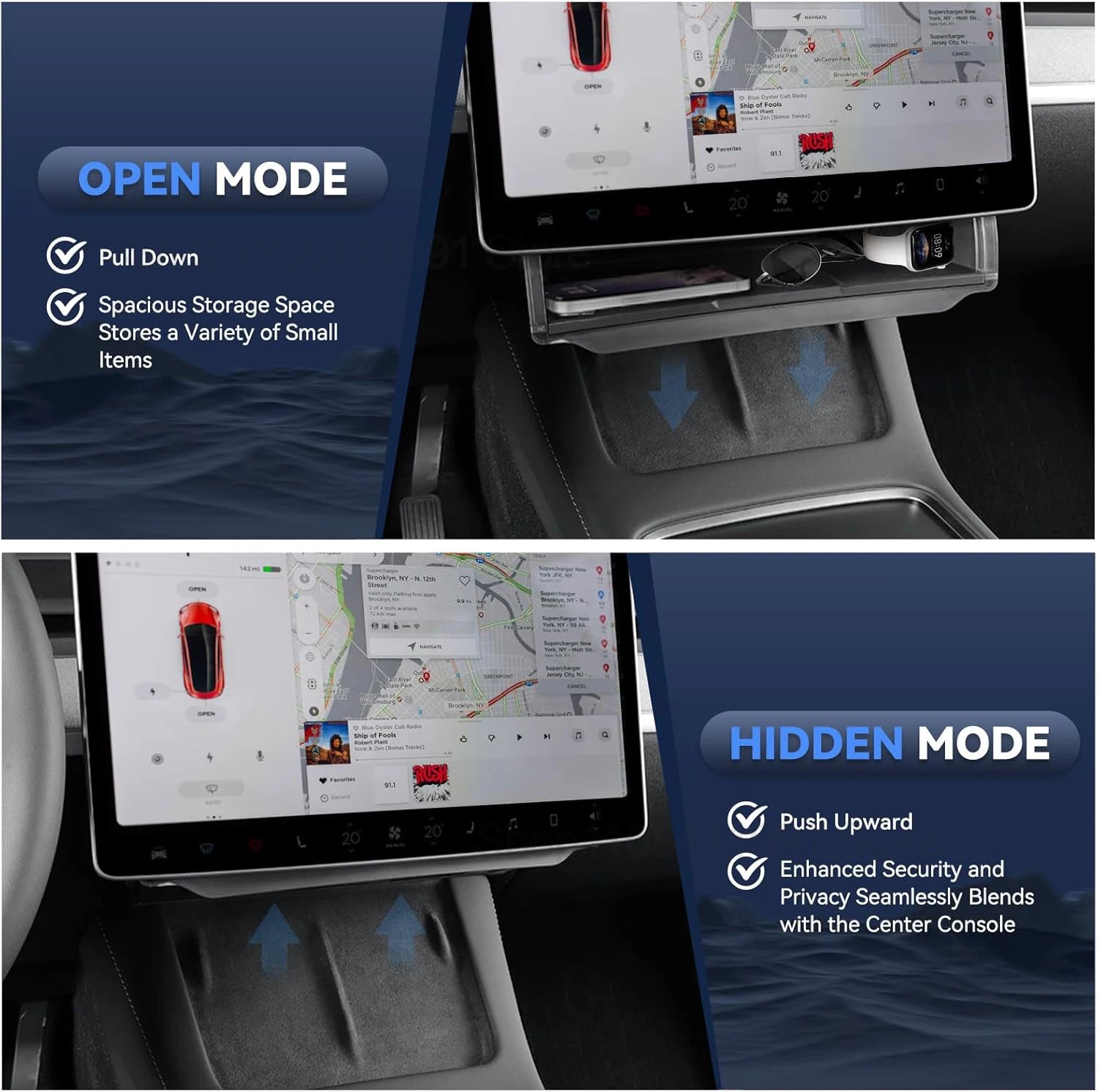 Car Central Control Under Screen Storage Box for Tesla Model 3/Y 2019-2025 Hidden Privacy Storage with Anti-Slip Silicone Pad ﻿