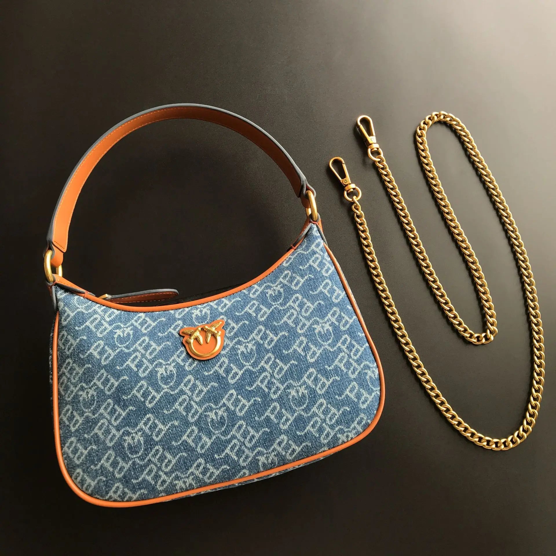 New arrivalpinko same style denim denim half moon armpit puff swallow bag mini pillow bag women's bag chain women's bag