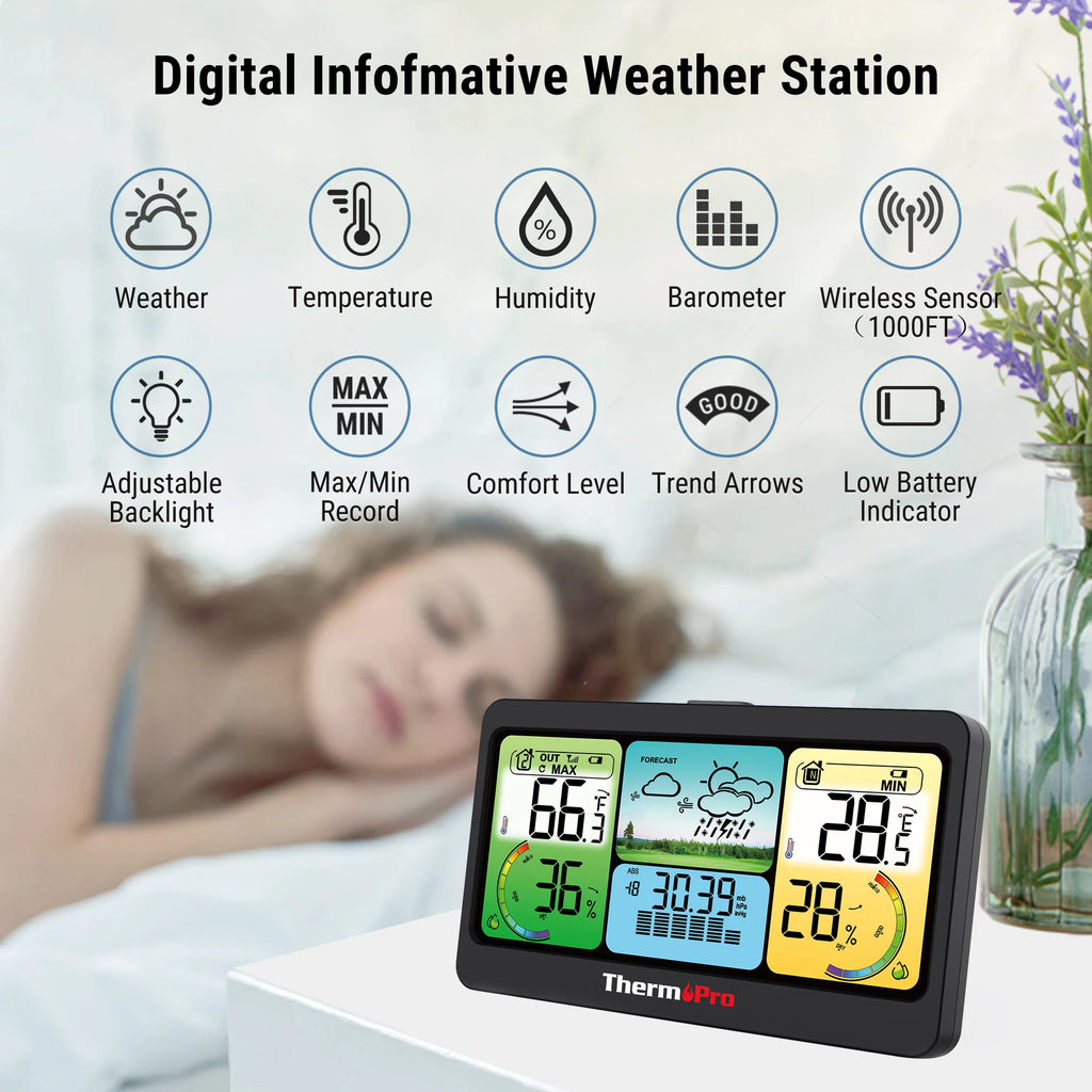 ThermoPro TP280C Wireless 300M Forecast Weather Station Chargable Big Display Outdoor And Indoor Thermometer Hygrometer