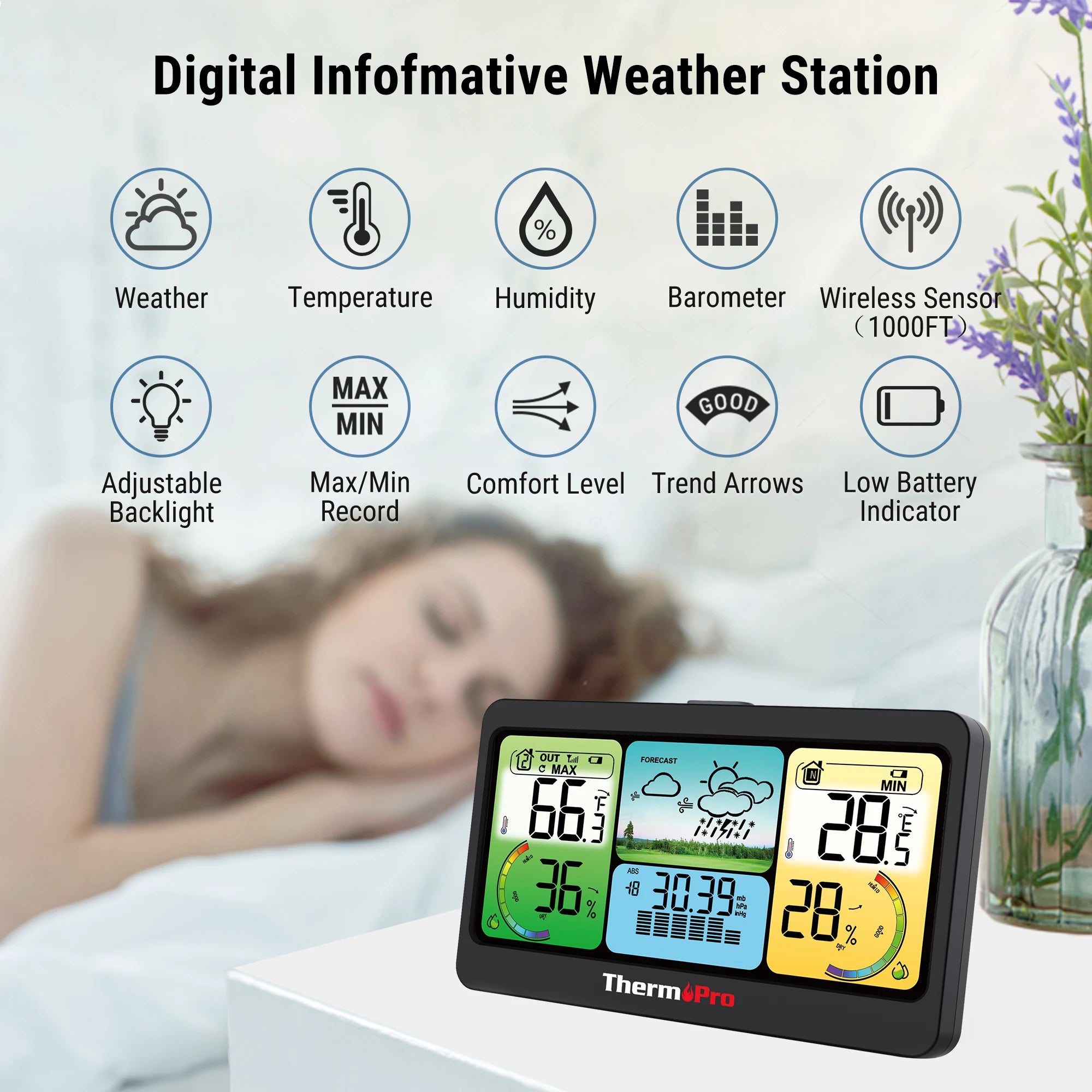 ThermoPro TP280C Wireless 300M Forecast Weather Station Chargable Big Display Outdoor And Indoor Thermometer Hygrometer